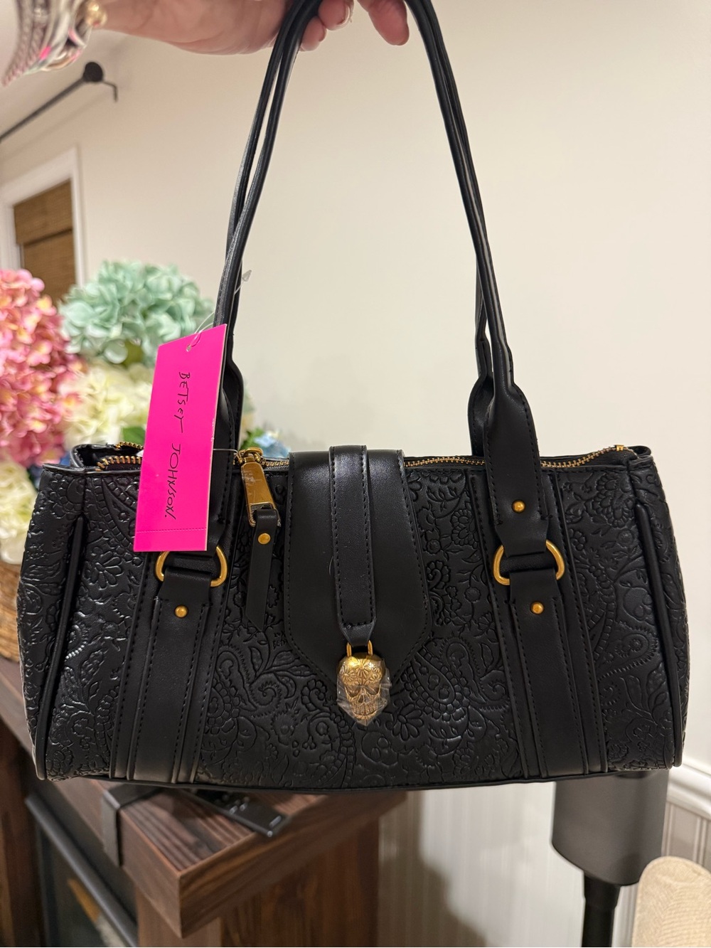 NWT Betsey Johnson Black Embossed Leather Satchel with Gold Accent